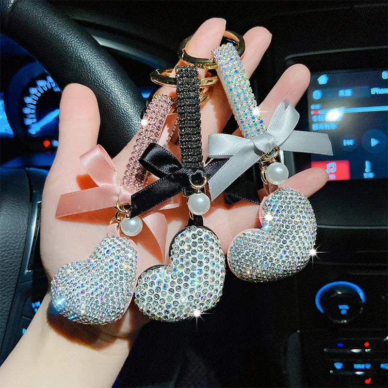 2021 Newest Diamond Heart Shape Pendant Bag Key Ring Keychain Pop Couple Love Pink Leather Rhinestones Heart Keychain