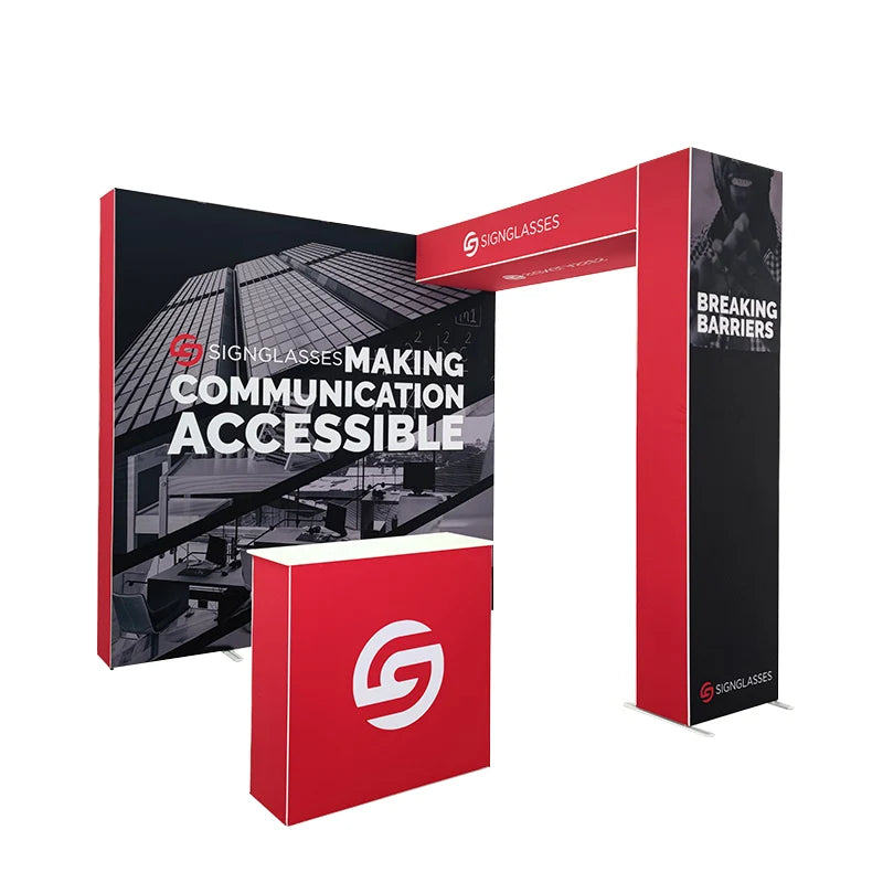 10x10ft Aluminum Frame Pop up Display Stands with Tension Fabric Backdrop and Arch for Trade Show Exhibitions
