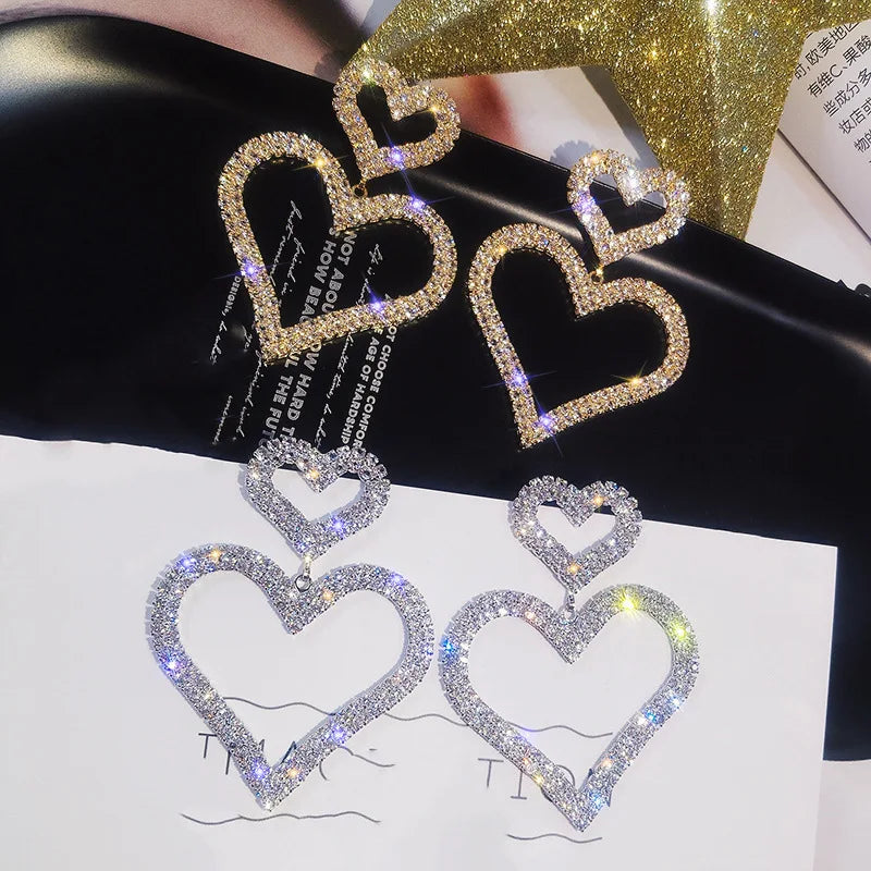 Fashion 925 Silver Jewelry Exaggerated Diamond Heart Earrings Women Double Dangling Heart Jewelry Earrings Women