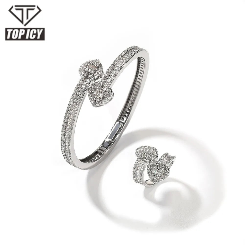 Iced Out Baguette Heart Bracelet Jewelry Set Hip Hop Icy CZ Diamond Double Heart Bangle Rings Gold Plated Women Gift
