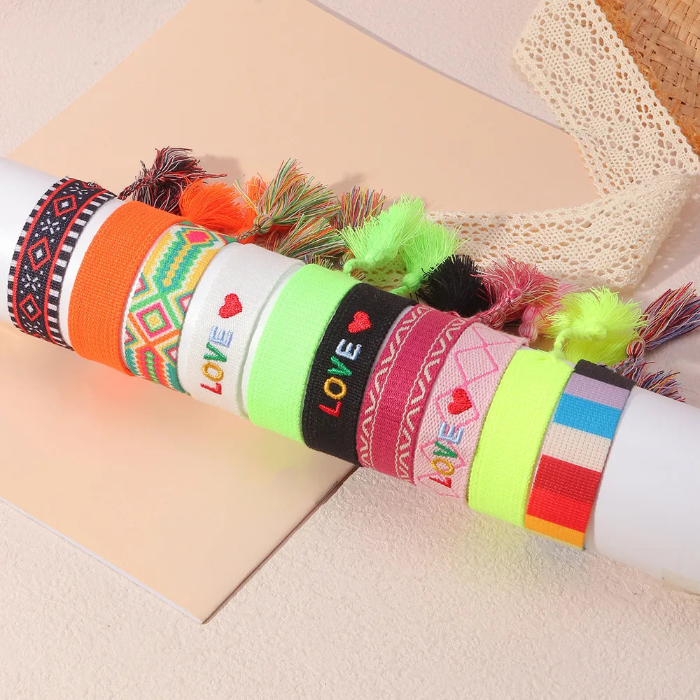 Fashion Cloth Letter Boho Bracelet Delicate Colorful Friendship Hand Rope Bracelet Handmade Embroidery Tassel Braided Bracelet