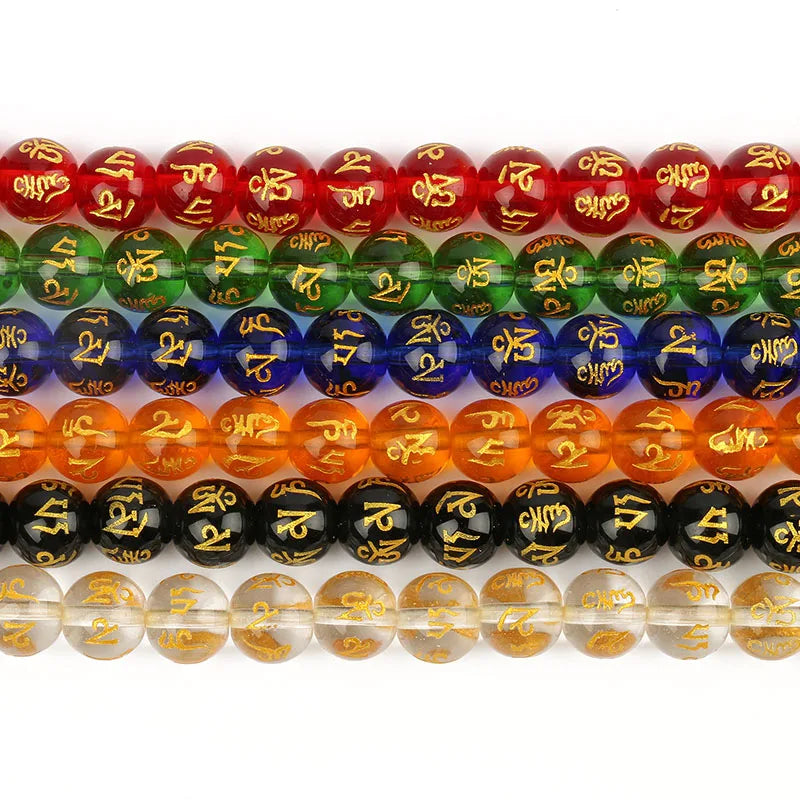 Cheap Glass Clear Crystal Quartz Six Ture Words Stone Beads Golden Carved Om Mani Padme Hum the Six Syllable Mantra Beads