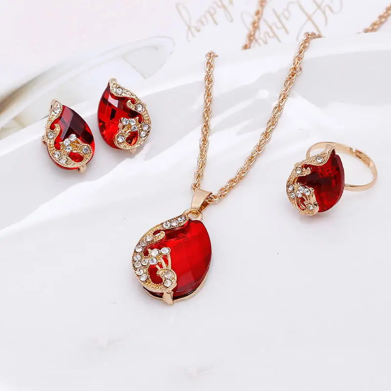 Hot Sales Women Jewelry Set Colorful Crystal Teardrop Water Drop Pendant Ring Earrings Necklace Jewelry Three Piece Set