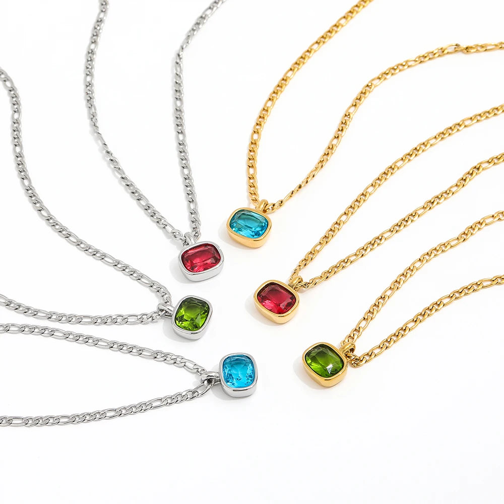 JOOLIM High End Stainless Steel Figaro Chain Rectangle Ruby Sapphire Zirconia Pendant Necklace 18K Gold Plated Jewelry Wholesale