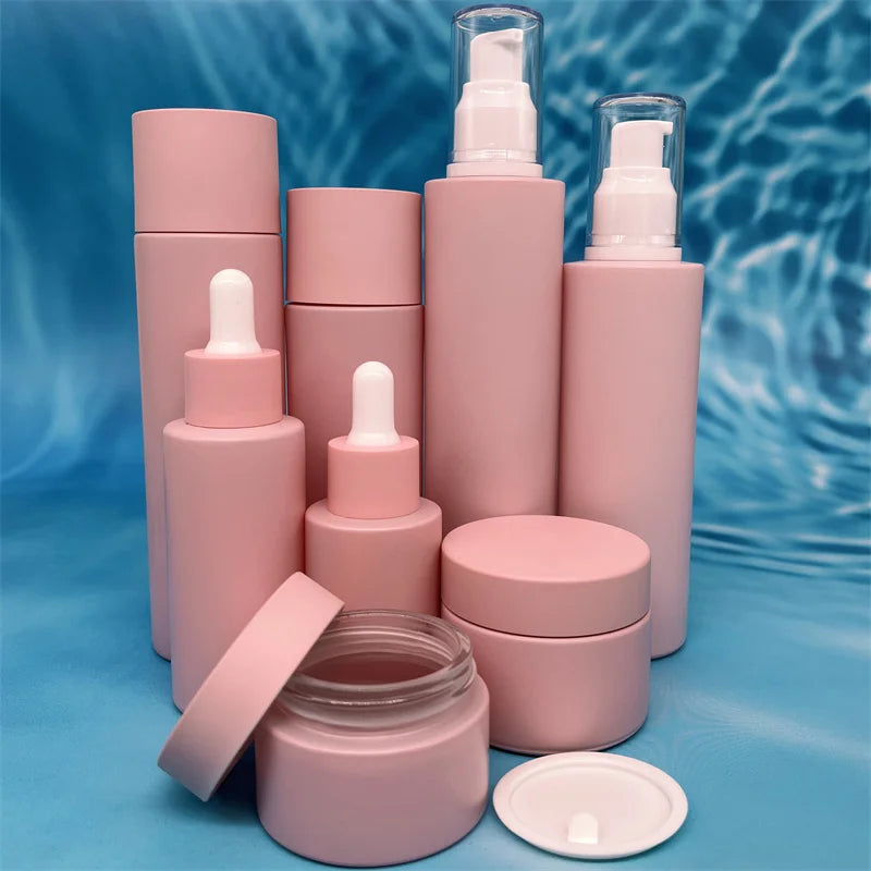 Wholesale New Arrival Matt Pink Lotion Packaging BottleStraight Round Spray Glass Bottle Set 40ml 50ml 60ml 70ml 120ml