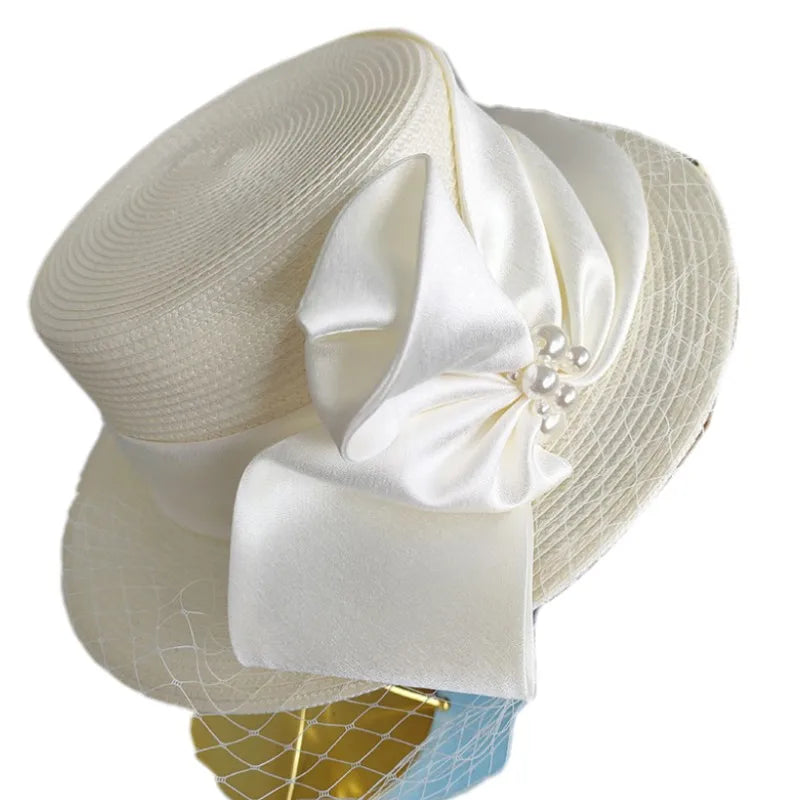 New Retro Women White Bowknot UV protection Church Cloche Sun Hats Kentucky Derby Ladies Wedding Hat for Bride with Mesh Veil