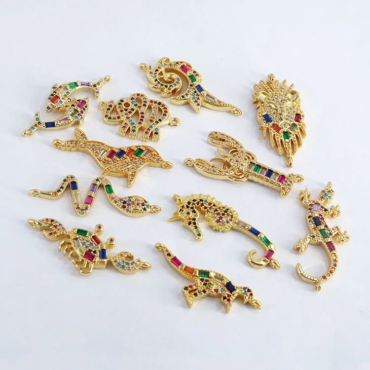 18K Gold Plated Rainbow CZ Pave Animal ConnectorsCrocodile Snake Fish Dinosaur Crab Lion Elephant Dolphin for Bracelet DIY