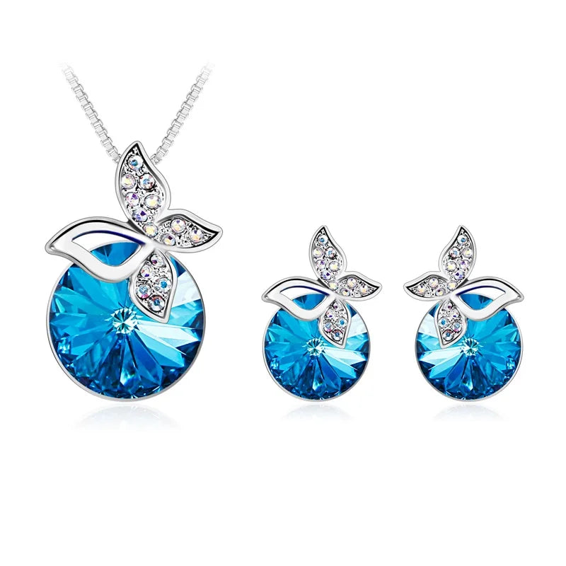 Butterfly Fine Jewelry Austrian Crystal Necklace and Earrings Set for Women Copper Zinc Alloy Wedding Party Gold Plated