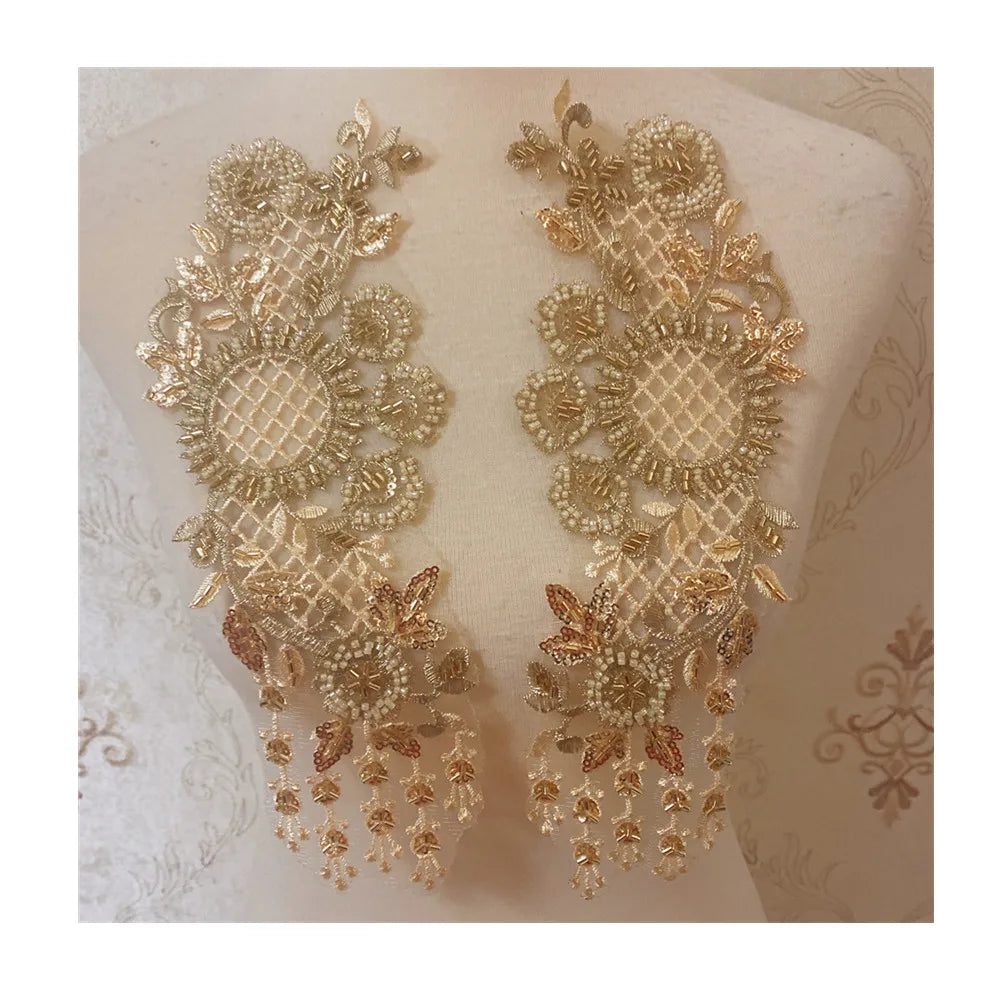 Beaded Patches With Pairs Sew on Applique Clothing Embroidery Patch for Wedding Dress Decoration
