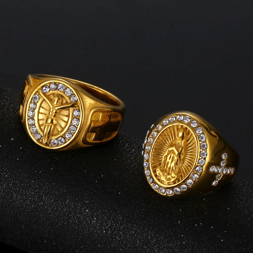 Men's Gold Plating Cubic Zirconia Our Lady of Guadalupe Virgin Mary Ring Religious Christian Jesus Cross Crucifix Ring for Men