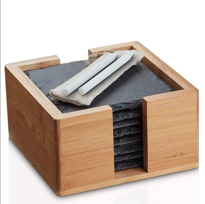 Cheap Black Stone Slate Coaster with Wood Holder 10cm Square Contemporary Design for Promotion Gift