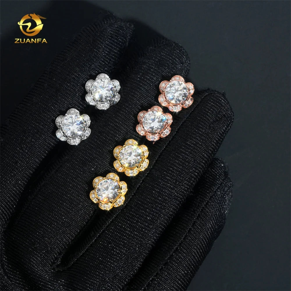 Iced Out Jewelry Fashion Earring Silver 925 Hip Hop Flower 1ct Main Stone Moissanite Earrings