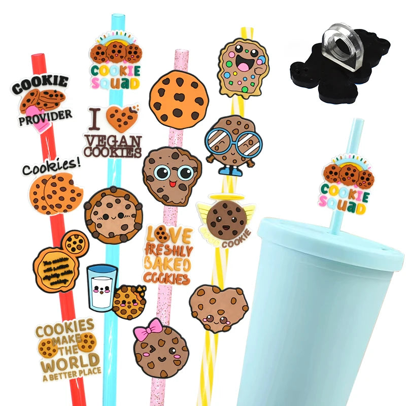 Manufacturer Ready to Ship Cute Cookies PVC Straw Cover Custom Wholesale Soft Rubber Straw Toppers for Tumblers Accessories