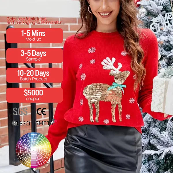 2026 Women's Long Sleeve Jacquard Pattern Christmas Sweater Crew Neck Pullover Ugly Pattern for Winter Knitted Weaving Method