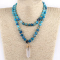 Fashion Jewelry 8mm Blue Green Stripe Natural Stone Hematite Beaded Necklace Women Long Druzy Pendant 2 Layer Choker Necklace