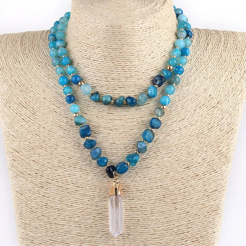 Fashion Jewelry 8mm Blue Green Stripe Natural Stone Hematite Beaded Necklace Women Long Druzy Pendant 2 Layer Choker Necklace
