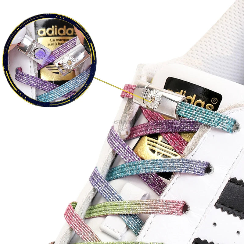 Children and Adults Flat Magnetic Metal Lock for Shoelace No Tie Shoe Lace Elastic Polyester Lazy Sneaker Lace for Adults and Ki