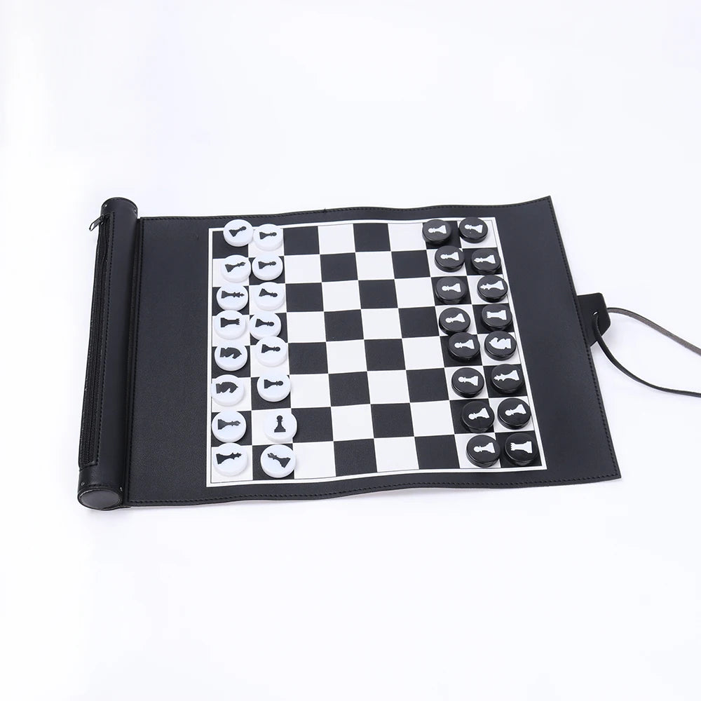 Custom Logo Outdoor PU Leather Roll-up Backgammon & Chess Board Set Portable Roll-up Game Set