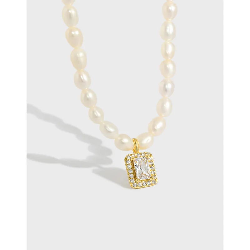 Fashion Luxury 925 Sterling Silver Square Cubic Zircon Freshwater Pearl Beaded Necklaces for Women Gifts Wedding Jewelry