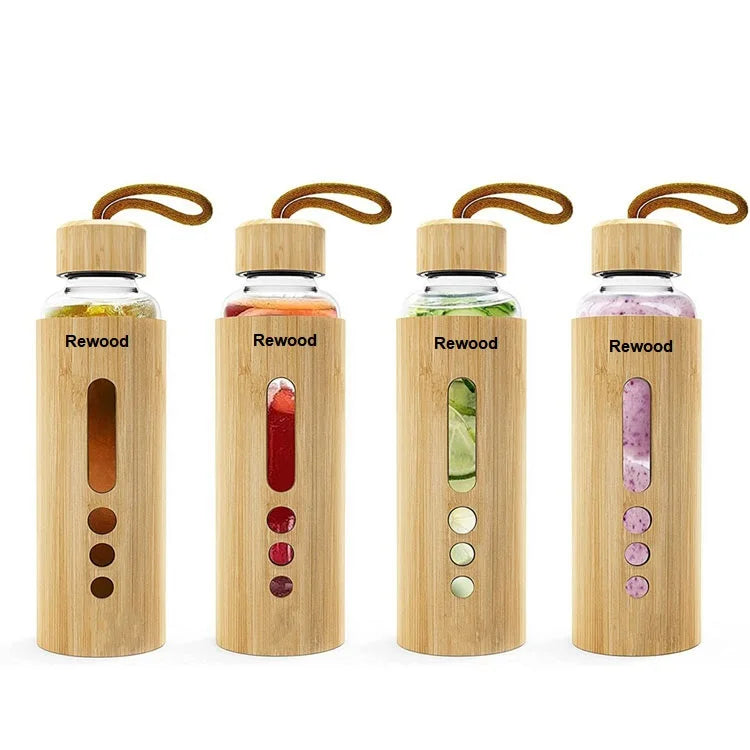 Custom Logo Eco-Friendly High Borosilicate Glass Water Bottle 500-600ml Capacity Bamboo Lid CE Certified Unisex for Gym Travel