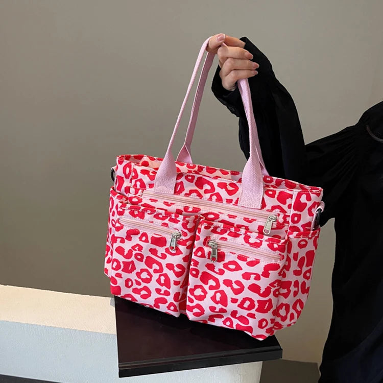 Custom Logo Multi-Pocket Luxury Pink Leopard Print Canvas Tote Bag for Women Mommy Shoulder Office Ladies Crossbody Bag
