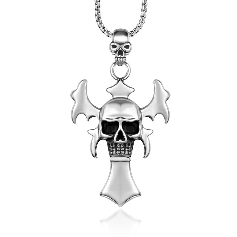 Wholesale Biker Stainless Steel Punk Jewelry Necklace Fashion Men Cross Pendant Skull Head Pendant Fine Necklace