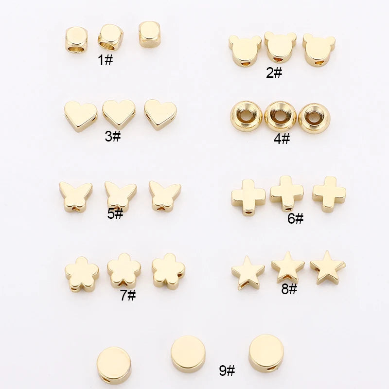 Wholesale 14K 18K Gold Plated Spacer Bead Creative Square Heart Butterfly Cross Star Round Beads for Making Jewelry Accessories