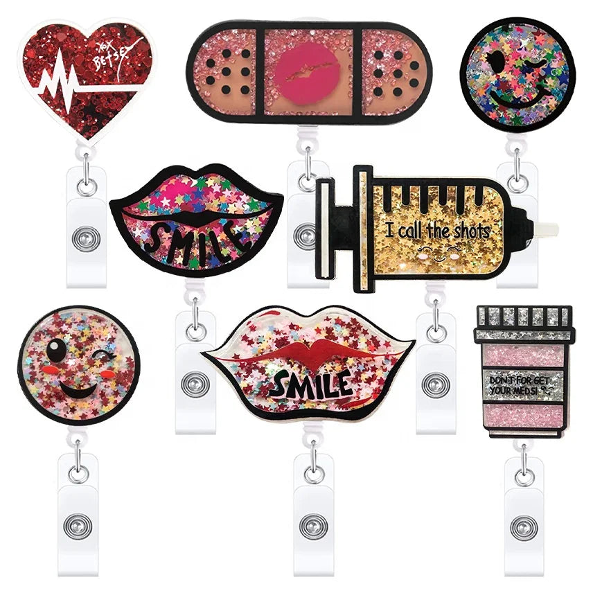 Acrylic Glitter Retractable Badge Reel Holder Clip Gift for Doctors and Nurses