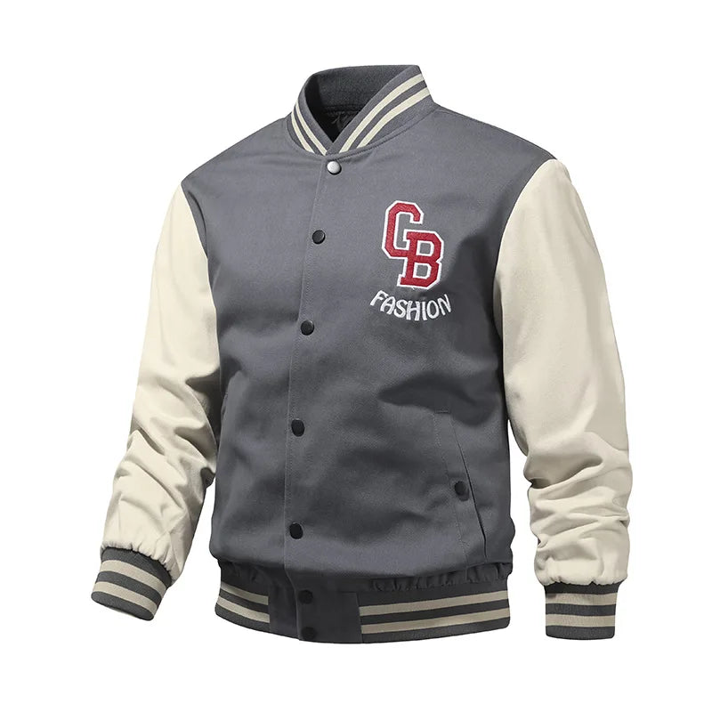 Wholesale Men's Woven 100% Cotton Bomber Jacket Embroidered Patchwork Stand Collar Breathable Windproof Street Wear Varsity