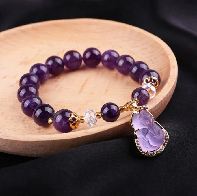 2022 Fashion Women Girls Precious Gemstone Natural Stone Healing Purple Crystal Amethyst Beaded Pixiu Leaf Fox Charm Bracelet