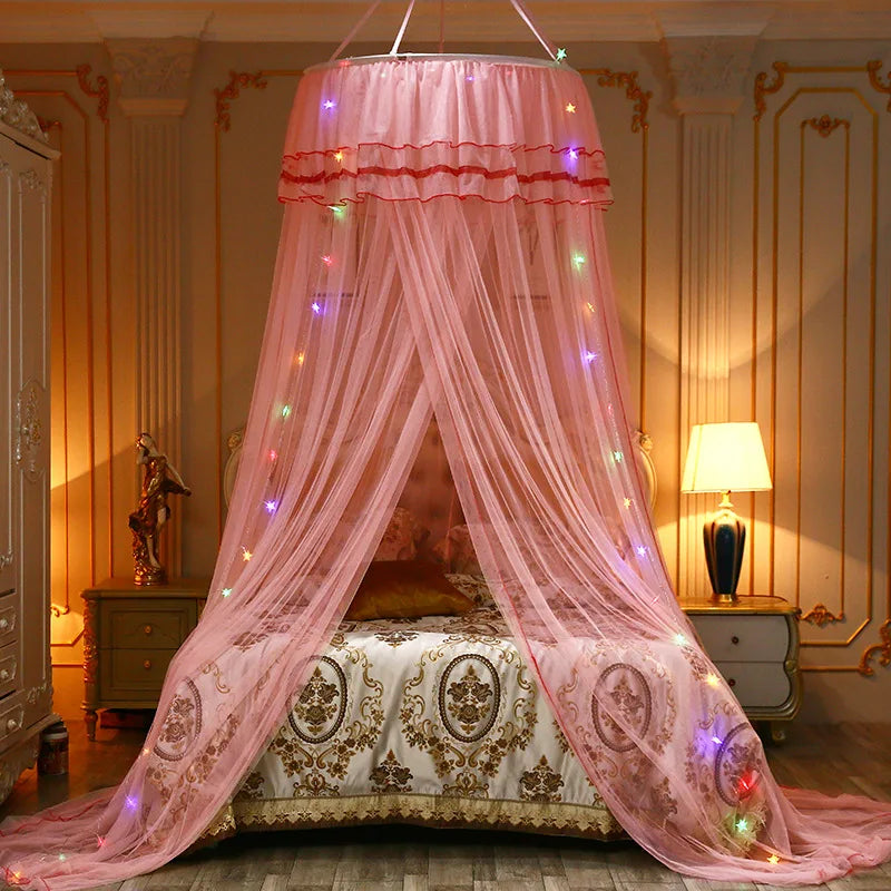 Dome Ceiling Polyester Solid Color Princess Mosquito Net Round Ceiling Lady Single and Double Mosquito Net With Light Strip