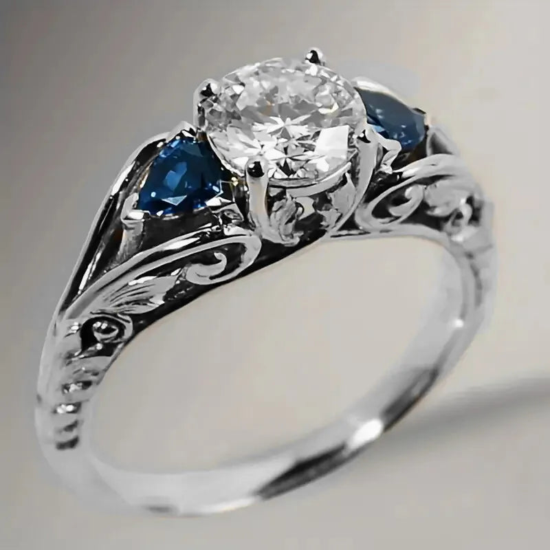 Huitan S925 Gorgeous Flower Pattern Design White/Blue Crystal Zircon Ring Women Wedding Engagement Rings Sterling Silver Jewelry