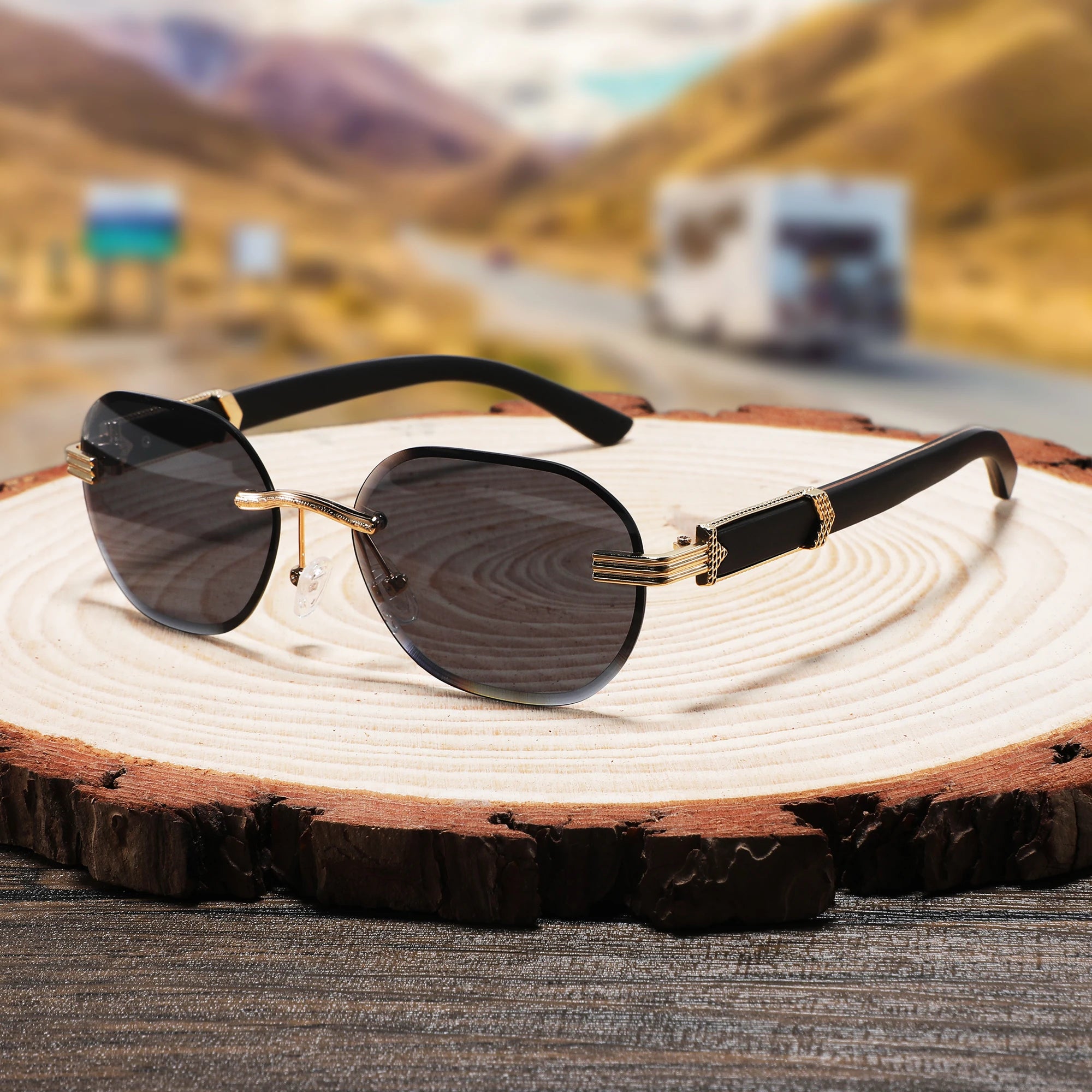 CONCHEN 2025 Rimless Sunglasses Men Fashion Small Frame Laser Logo Wood Sun Glasses