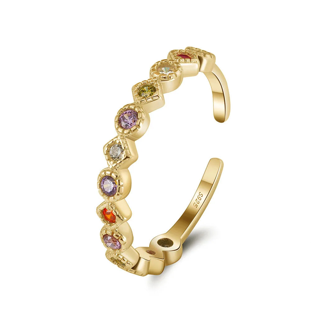 Fashion 18K Gold Plated 925 Sterling Silver Colourful Zircon Open Adjustable Finger Ring for Women
