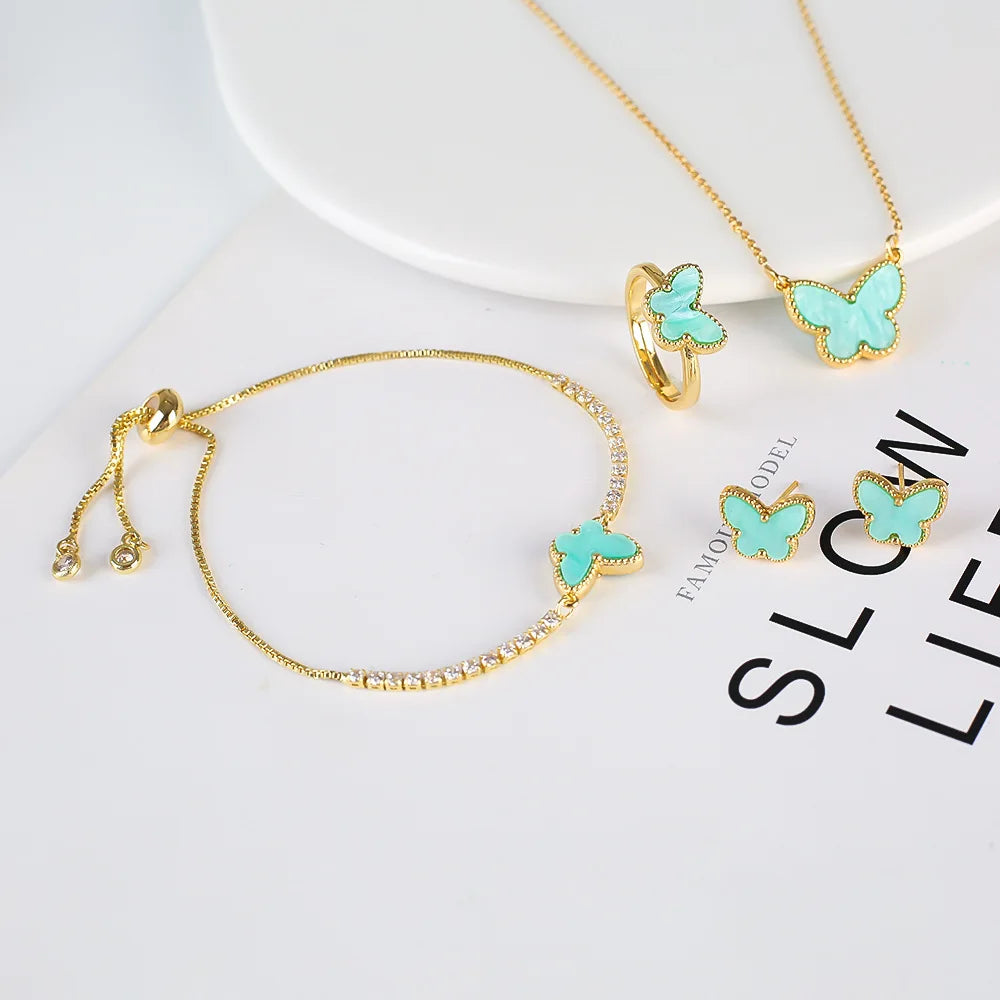 K-Style Cross-Border Copper Set Cute Butterfly Design; Women's Necklace Bracelet Ring Earrings-Wholesale Manufacturer