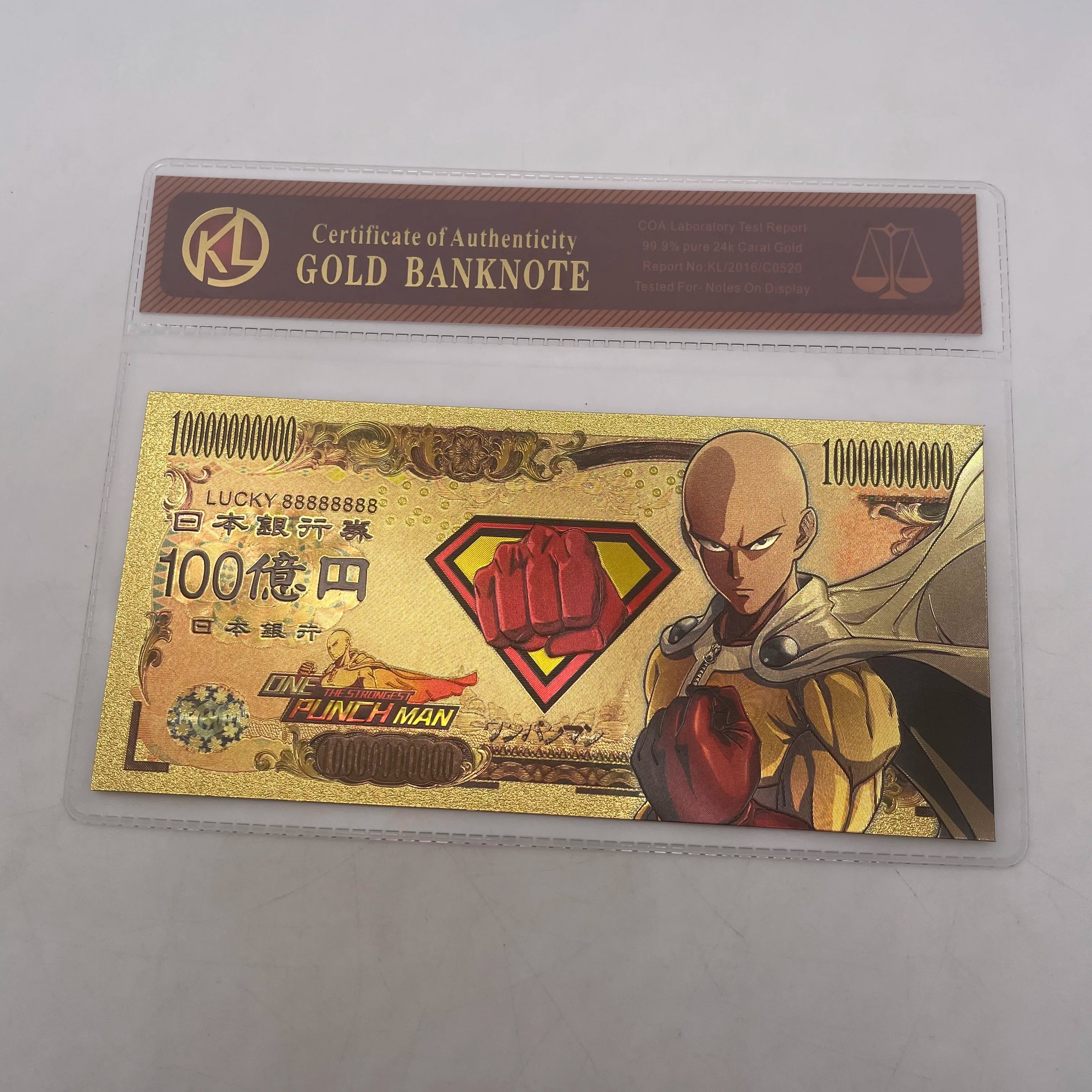Beautiful Japanese  Manga One Punch Man 10000 Yen Gold Anime Banknote in Sleeve for Memory Souvenir Gifts and Collection Cards