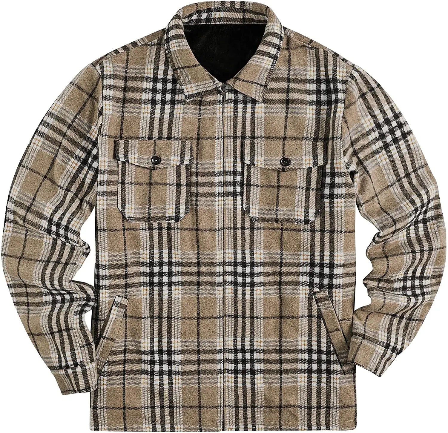 Mens Green Cotton Face With Polyester Fleece Lining Winter Plaid and Velvet Warm Flannel Shirt Jacket