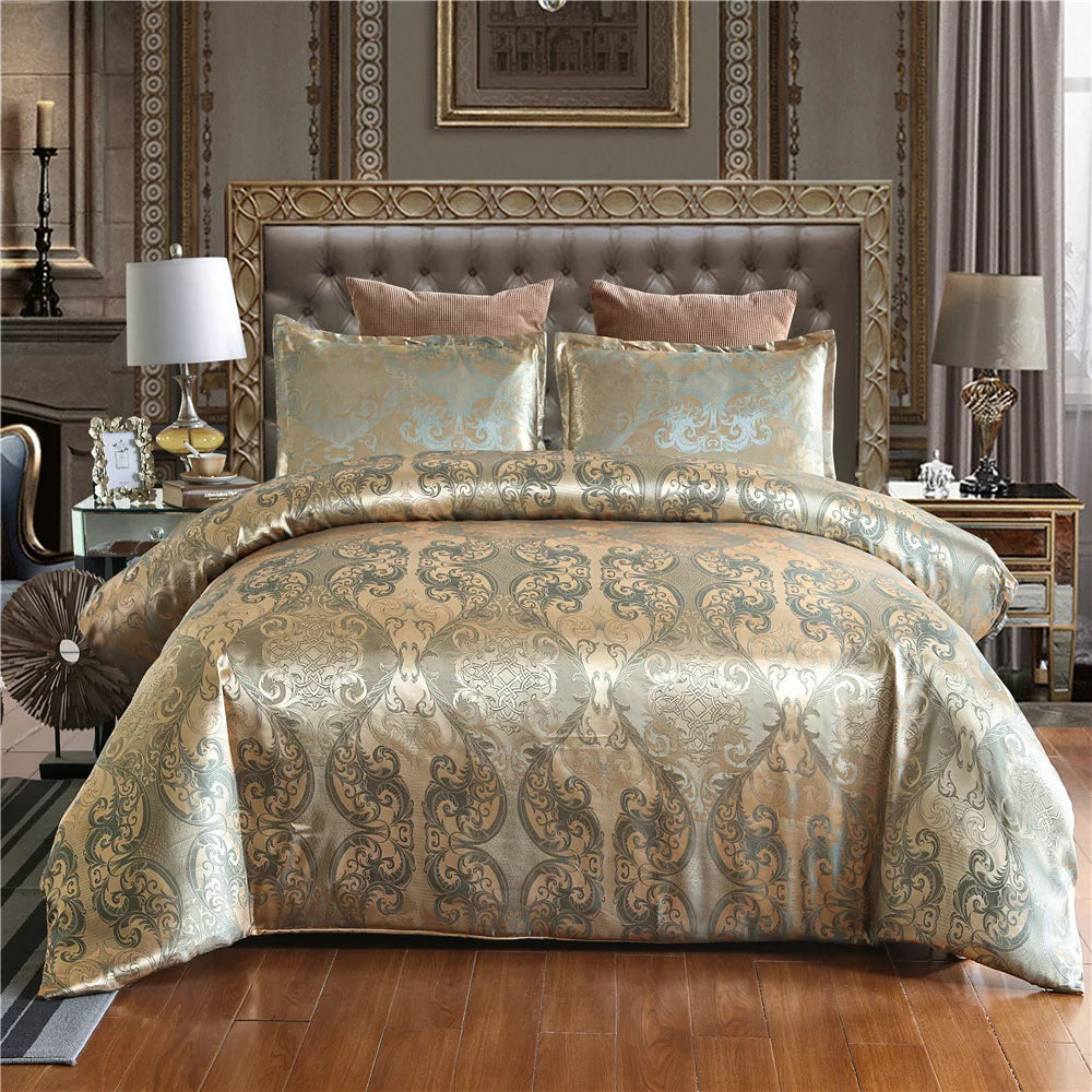 Classic Embroidery Satin Jacquard Duvet Cover Set Exquisite Comfortable Soft Polyester 3-Piece Bedding Set with Pillowcases