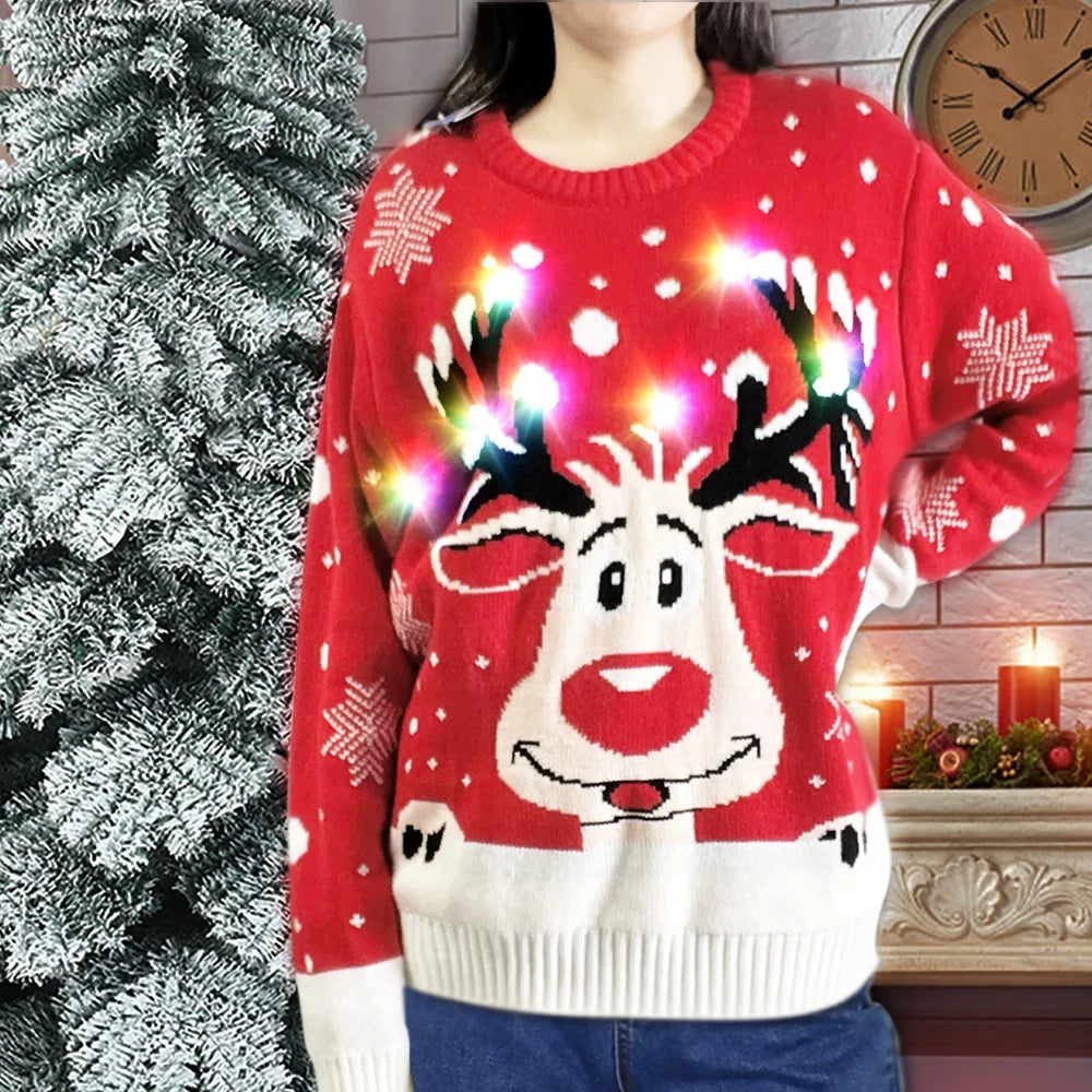 Family Christmas LED Light Sweater Ugly Knitted Jumper Pullover with Light Knit Navidad Merry Christmas for Chinese New Year