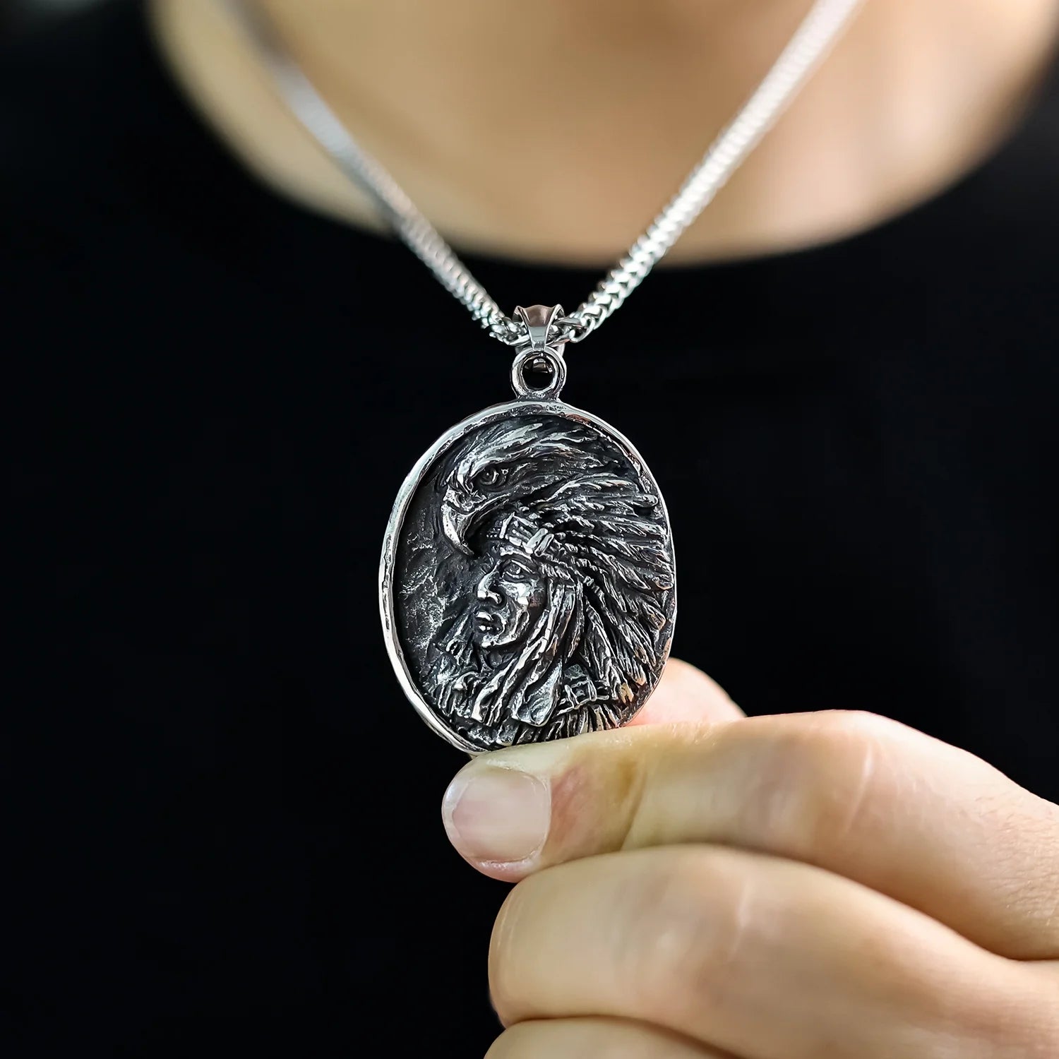 Ready to Ship Punk Biker Jewelry Stainless Steel Chief Head Eagle Pendant Necklace for Men Boy Party Design
