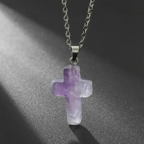 Natural Stone Cross Gemstone Pendant Necklace Cross Quartz Crystal Necklace