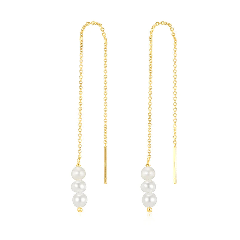 Gemnel 925 Sterling Silver 18k Gold Mini Freshwater Pearl Threader Drop Charm Earrings