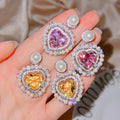 SC  High Grade Luxury Pearl Zircon Splicing Big Heart Dangle Earrings Women Shiny Pink Yellow Heart Shaped Zircon Earrings