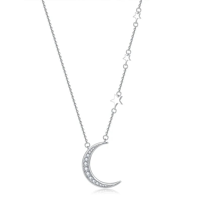 Jewelry 925 Sterling Silver Cubic Zirconia Handmade Necklace White 18K Gold Plated Rhinestone Moon Necklaces for Women