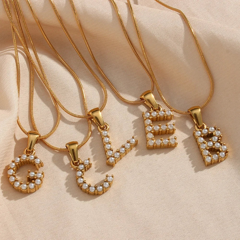 Freshwater Pearl Initial Necklace 18K Gold Plated Stainless Steel PVD Gold Plated Jewelry Snake Chain Necklace