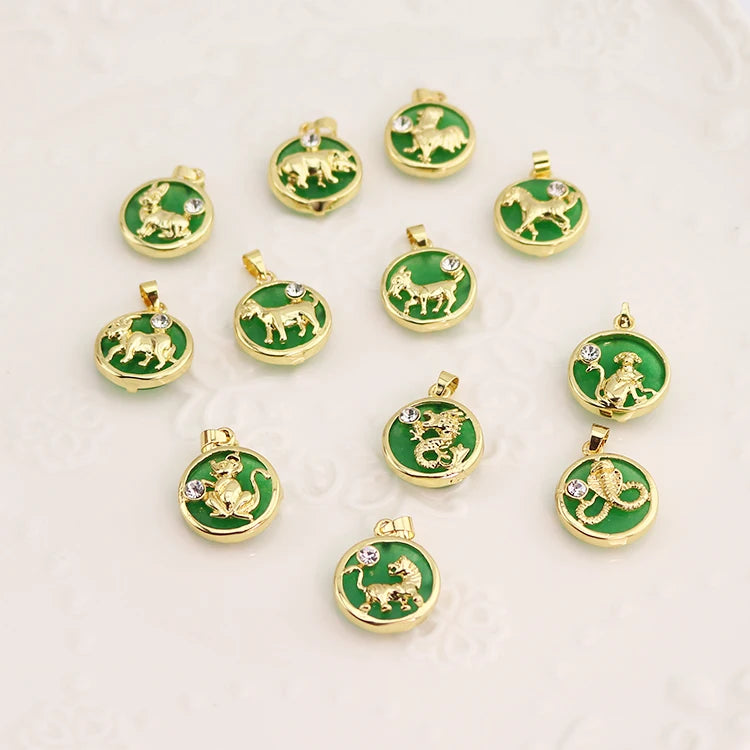 HD0031 Gold Plated Chinese Zodiac Sign Green Jade Pendants with Diamond Zirconia Animal Jade Tiger Dragon Snake Monkey Pendant