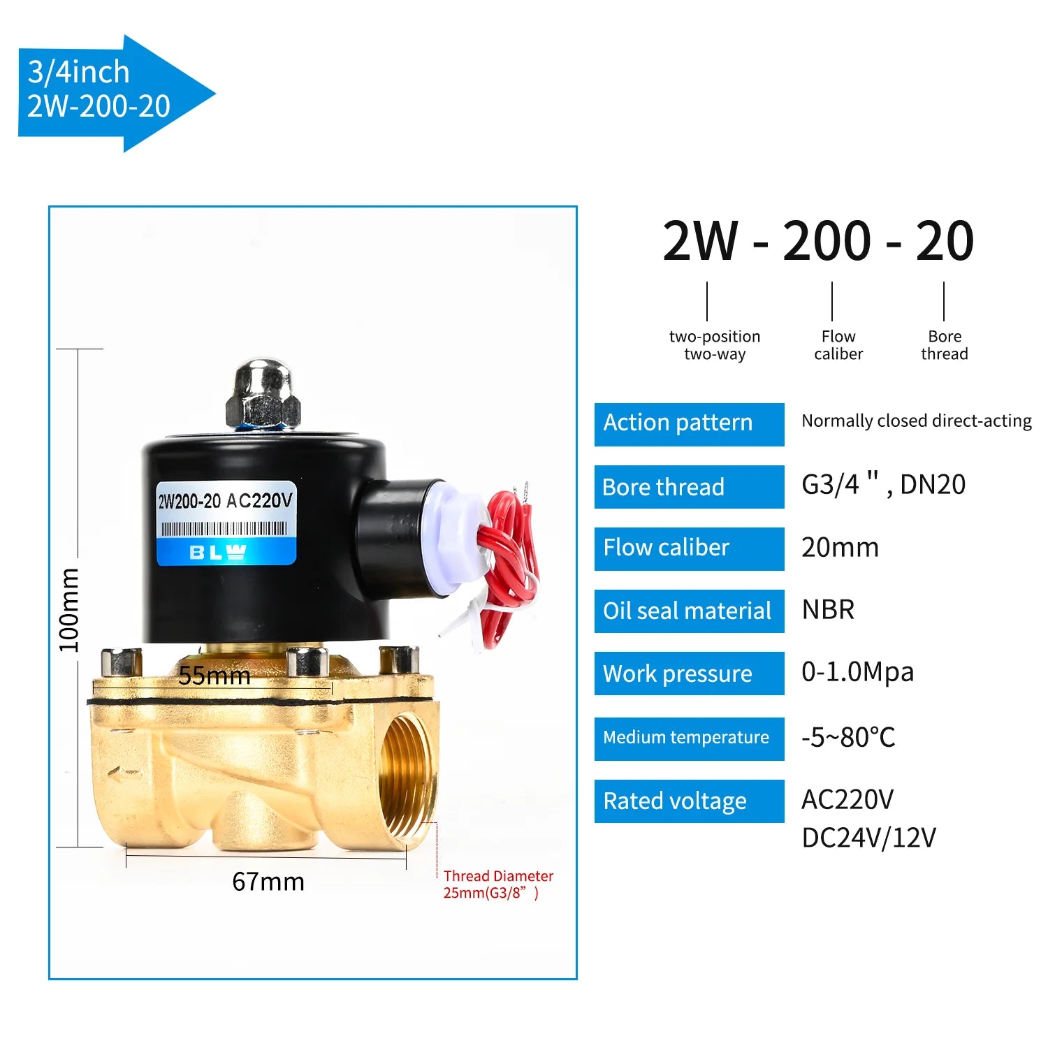 2W200-20 Good Price Electric Water Air Hydraulic 24V/12V Solenoid Valve 3/4 Inch Two Way Valve for WaterOil