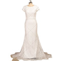 9229# Short Sleeve Mermaid Wedding Dress Simple O-Neck Lace Appliques Bridal Gown Sweep Train Button for Women