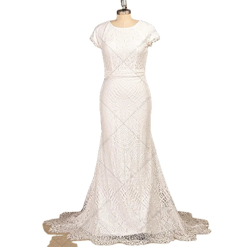 9229# Short Sleeve Mermaid Wedding Dress Simple O-Neck Lace Appliques Bridal Gown Sweep Train Button for Women