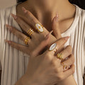 18K Gold Plated Stainless Steel Women's Adjustable Ring Fashionable Waterproof Mother Pearl Statement for Anniversary